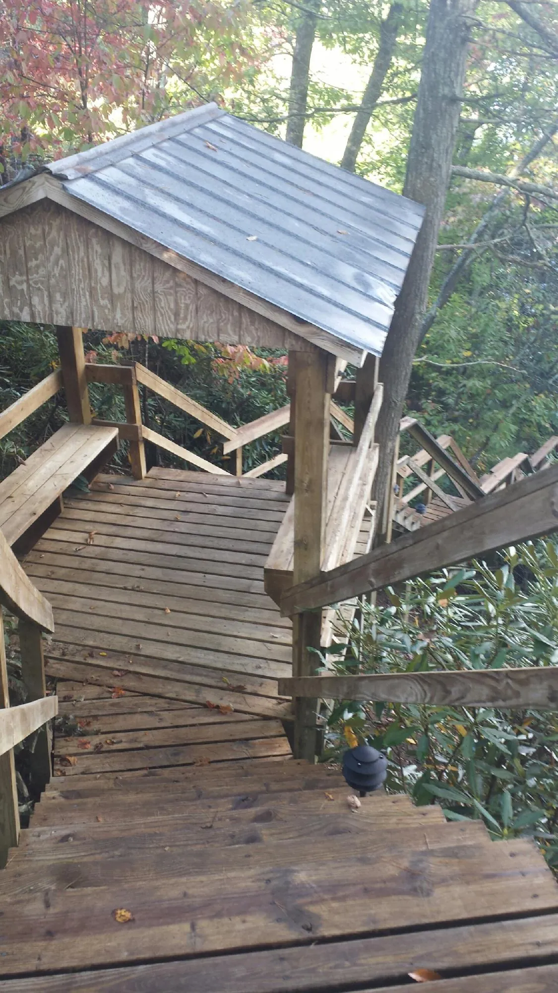 Metal roofed shelter over wooden steps on a wooded walkway — Skylight Repair & Installation work by our crew in Pewee Valley